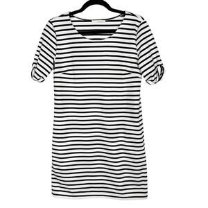 Ellison Medium Navy Blue White Striped Roll Tab Short Sleeve Sheath Dress Pocket